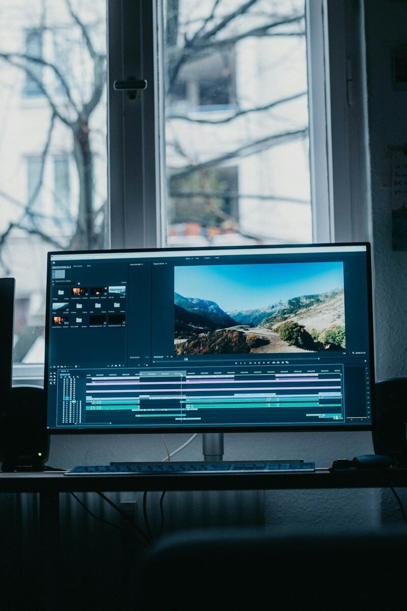 Computer monitor displaying a video recording and editing timeline, illustrating a guide to recording your screen on Windows, Mac, and phones